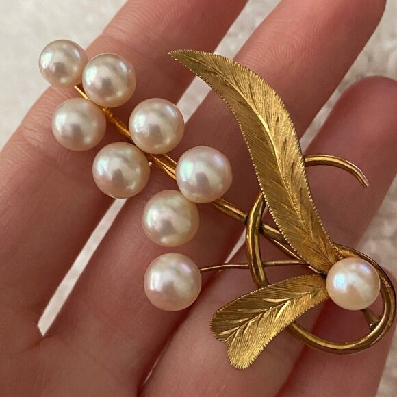 Vintage 14k Solid Yellow Gold Pearl Floral Plant Flower Brooch Pin - Picture 1 of 8